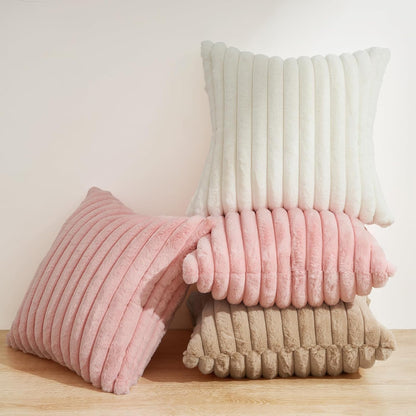Faux Fur Cushion Covers - Chunky Embossed Flannel with Hidden Zipper - Natural, 45cm x 45cm (Pack of 2)
