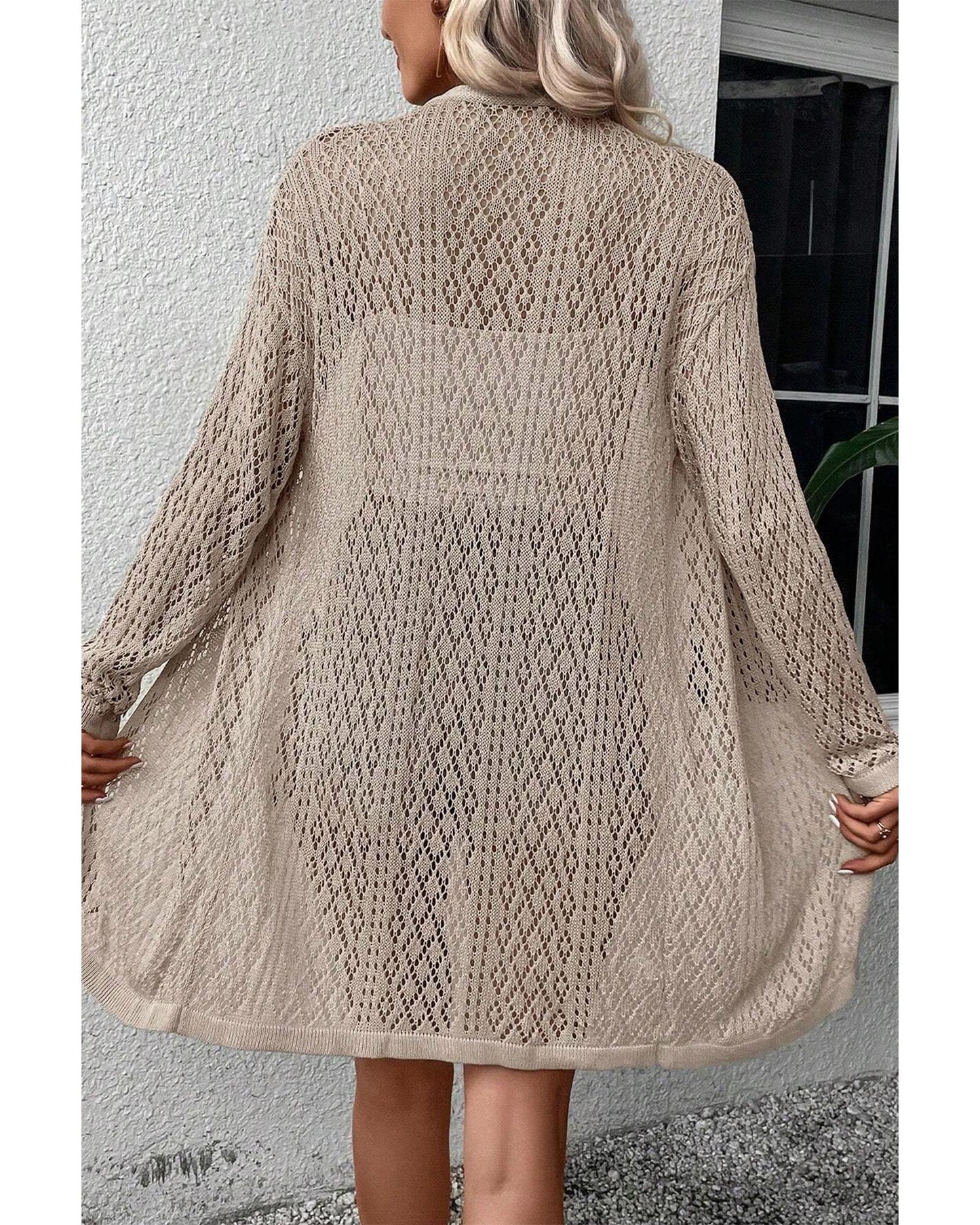 Smoke Gray Solid Color Pointelle Knit Open Front Cardigan - S
