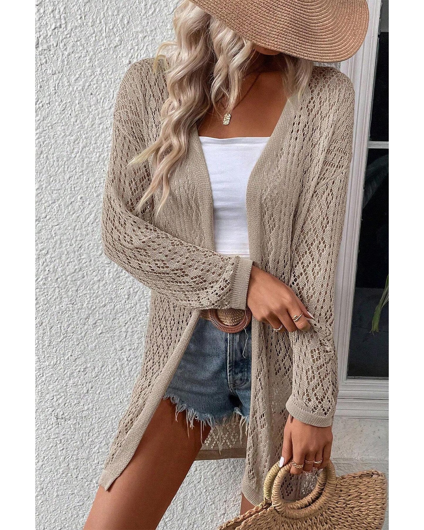 Smoke Gray Solid Color Pointelle Knit Open Front Cardigan - XL