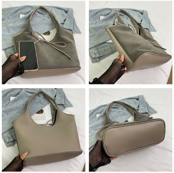 Black Chic Retro Suede-Finish PU Leather Tote Bag - Large Capacity Shoulder Bag with Tie Accent
