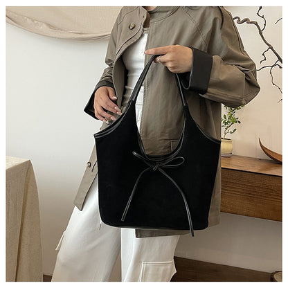 Black Chic Retro Suede-Finish PU Leather Tote Bag - Large Capacity Shoulder Bag with Tie Accent