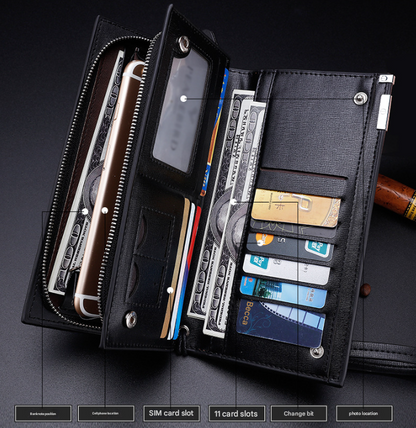Brown Men's Business Casual Long Wallet Clutch - PU Leather Large Capacity Phone & Card Holder with Wrist Strap